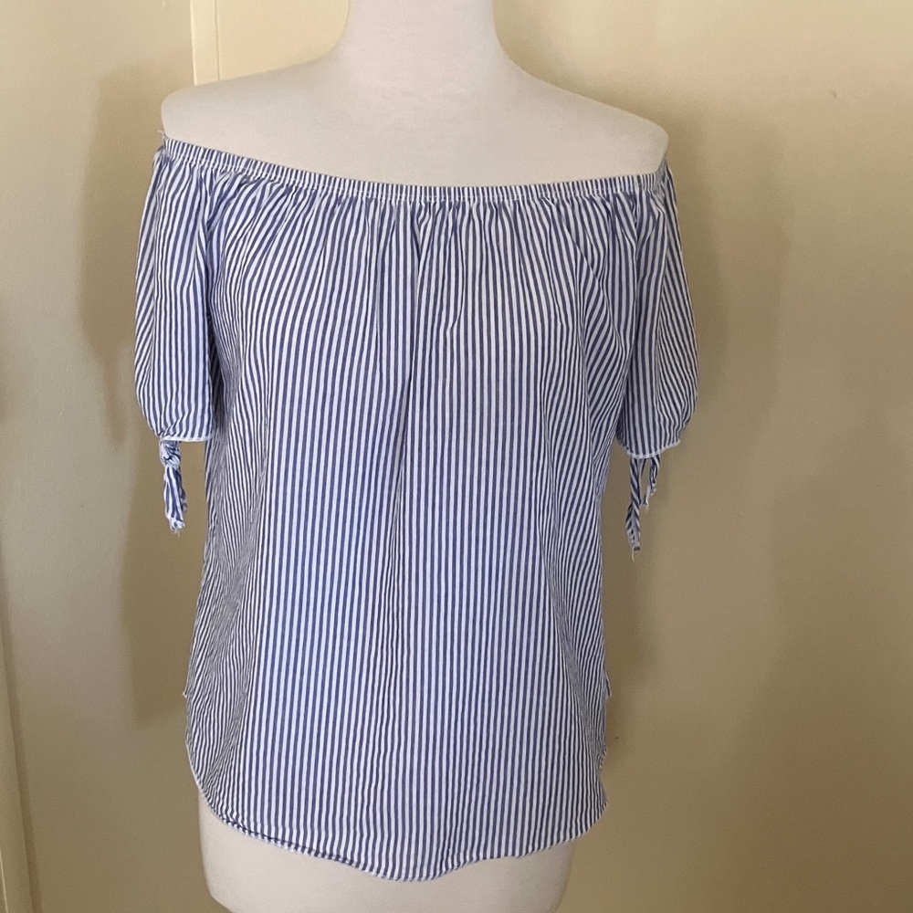 Free Kisses Blue and White Off-Shoulder Stripe Top Medium